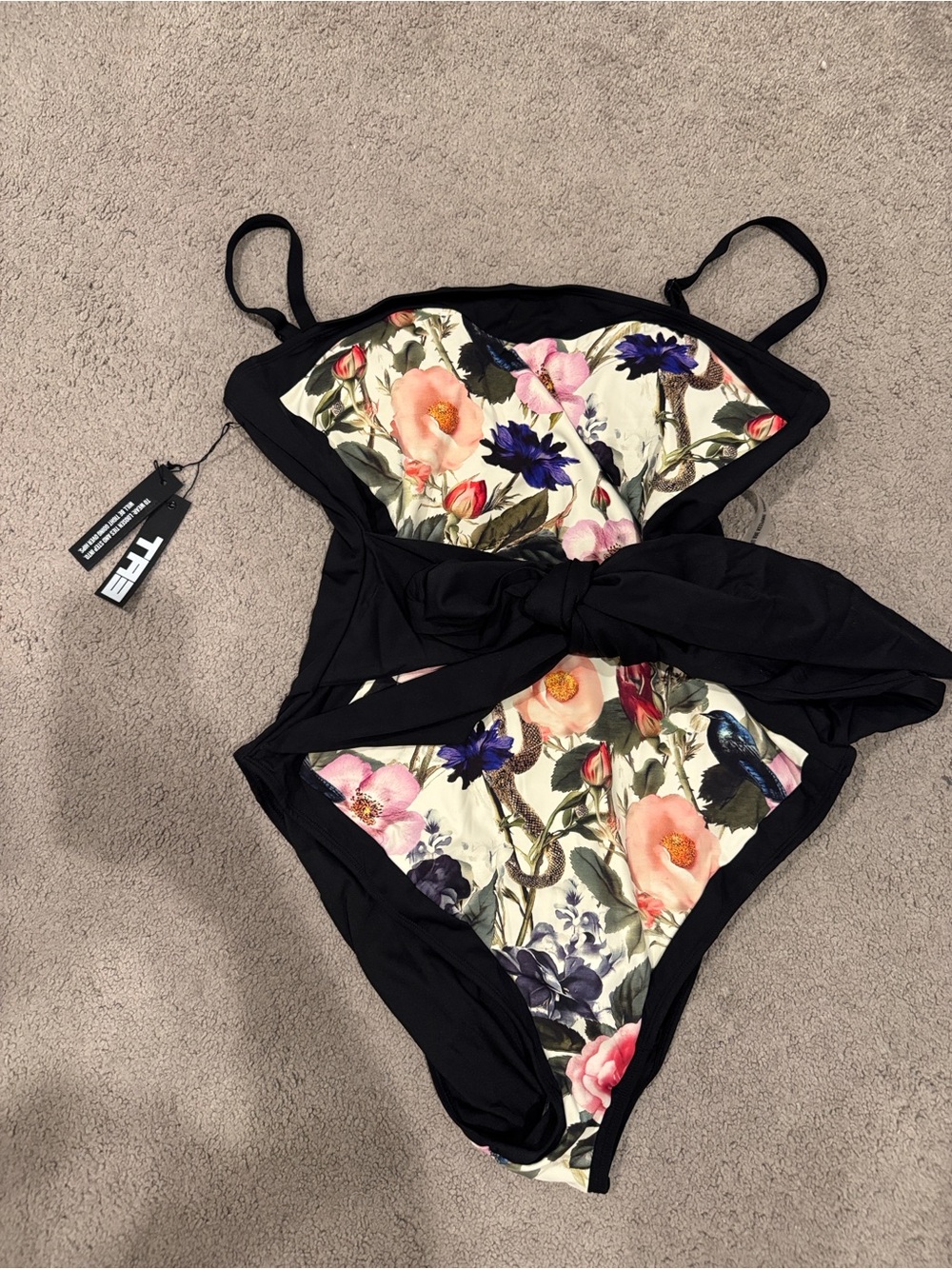 Ta3 Black Floral One-Piece Swimsuit with sash